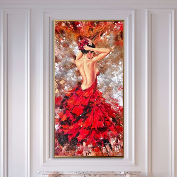 Frau im roten Kleid Gemälde von Mädchen Rücken Malerei Vertikale Wandkunst 18x36 Tänzer Geschenk für Mädchen Abstrakte Frau Kunst Figur Ölgemälde 24x48