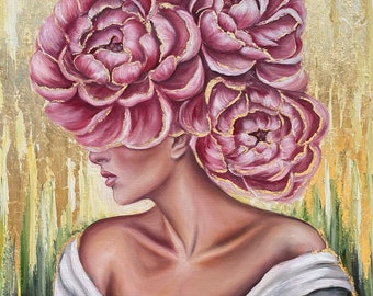 頭に花をつけた美しい女性の絵画 オリジナルの金箔の花の頭の