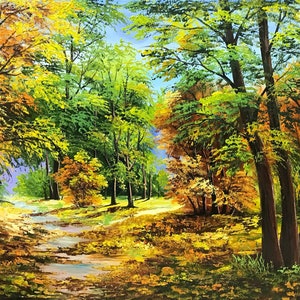 May include: An oil painting of a forest scene with a path. The trees display a mix of green, yellow, and orange foliage, suggesting autumn. The path leads into the distance, creating a sense of depth and inviting the viewer to explore.
