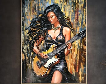 Woman with Guitar Oil Painting Original, Female Musician, Black & Gold Large Abstract Music Wall Art