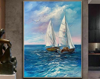 Original Sailboat Oil Painting, Blue Ocean Waves, Nautical Art, Maritime Painting