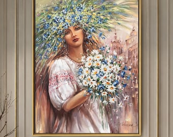 Donna con fiori nei capelli, dipinto a olio, arte popolare ucraina originale, dipinto a forma di testa di fiore