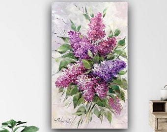 ライラックの油絵 オリジナルの花の壁アート キャンバスに描かれ