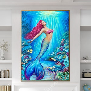 Große Meerjungfrau im Meer Gemälde auf Leinwand Meerjungfrau Wand Kunst Dekor Unterwasser Malerei Meerjungfrau Kunstwerk Sirene Kunst Meerjungfrau Mädchen Ölgemälde