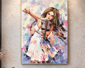Cuadro al óleo de una niña tocando el violín, arte musical enmarcado, elegante regalo de pintura de violinista