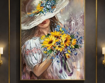 Ragazza ucraina con girasole - Dipinto ad olio, decorazione dell'Europa orientale