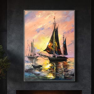Sailing Ship Oil Painting Original: Large Abstract Sailboat at Sunset Wall Art image 2