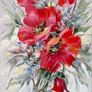 オリジナルの赤いポピーの油絵、花の静物画、8x8キャンバスアート