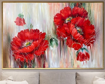 Red Poppies Painting, Handpainted Flowers Wall Art Decor 32x24, Red Flower Painting on Canvas, Large Poppy Painting, Original Floral Oil Art