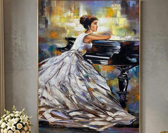 Pianist Painting Girl Grand Piano Wall Art Woman Sitting Art Lady Artwork Abstract Music Oil Painting Piano Gifts For Women Dress Painting
