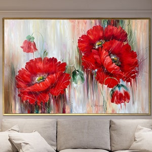 Red Poppies Painting, Handpainted Flowers Wall Art Decor 32x24, Red Flower Painting on Canvas, Large Poppy Painting, Original Floral Oil Art