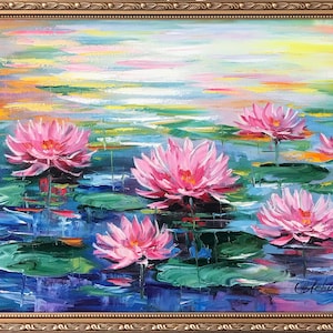 Claude Monet Painting on Canvas Water Lilies Wall Art Pink Lotus Flower ...