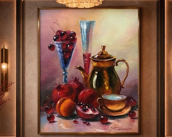 静物画「朝食」油絵、額入りキッチンウォールアート、フルーツと紅茶の