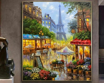 Original Paris Oil Painting Eiffel Tower Art Night City Painting Restaurant Decor Paris Cafe Painting Parisian Art Street Scene Painting