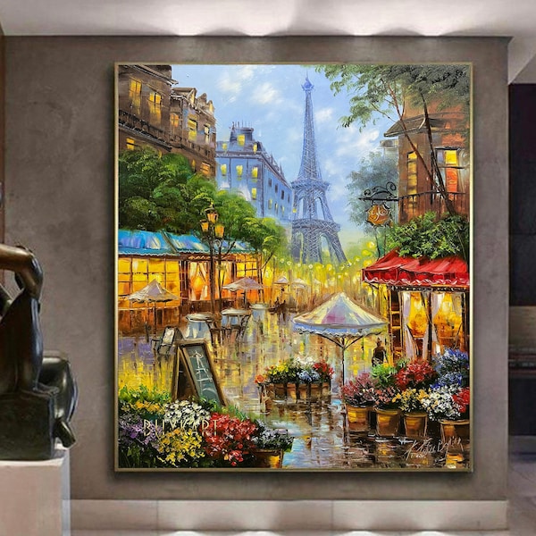 Original Paris Oil Painting Eiffel Tower Art Night City Painting Restaurant Decor Paris Cafe Painting Parisian Art Street Scene Painting