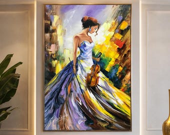 Cuadro al óleo original de una joven violinista, arte abstracto de una mujer con violín para decoración de pared.