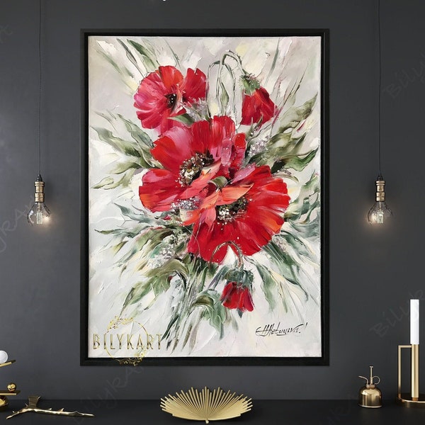 Red Poppy Painting Original Canvas Flower Artwork Floral Art Gift for Mom Poppies Wall Art Decor Red Flowers Oil Painting Poppies Wall Art