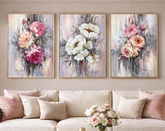 Original Abstract Floral Oil Painting Set of 3, Luxury Triptych Floral Wall Art