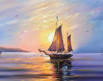夕焼けの帆船の絵画 大型帆船アート 夕焼けの帆船の油絵 額入り帆船