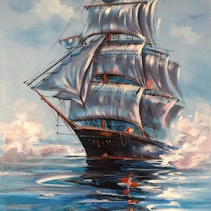 Navy Ship at Sea Painting on Canvas Large Sailing Wall Art Peace Oil Painting Seaside Decor Shore House Art Seascape Painting Original