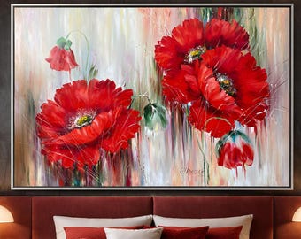 Roter Mohn Ölgemälde auf Leinwand, abstrakte Blumenwandkunst