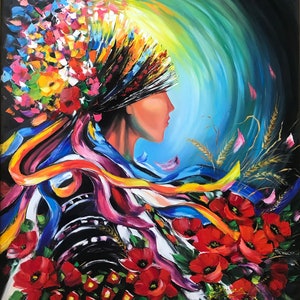 ウクライナの風景油絵、花畑の少女のオリジナル絵画、ウクライナの