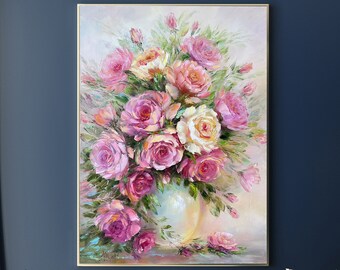 アンティーク ローズ 薔薇の花 花瓶 花生け 油彩画 油絵 アート 美術 絵画 ピンクのバラの油絵 オリジナルの花瓶に入った花の絵画