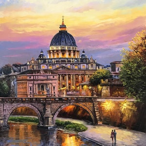 Rome Italy Oil Painting Original Evening in Rome Painting Italian Artwork Rome Wall Art Italian Landscape Painting Framed Painting on Canvas