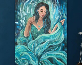 Mermaid Painting Original: Sea Goddess Art Nouveau