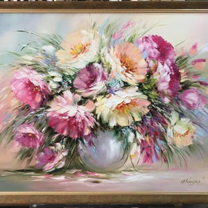 Peonies Oil Painting Original Framed Flowers Painting on Canvas Peonies Artwork Pink Peony Painting Flowers in Vase Painting