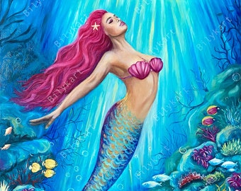 キャンバスに描かれた大きな人魚の油絵：水中のセイレーンアート（31.5