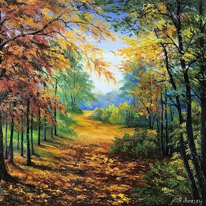 Grande dipinto ad olio originale raffigurante una foresta autunnale, paesaggio autunnale, sentiero nel bosco.