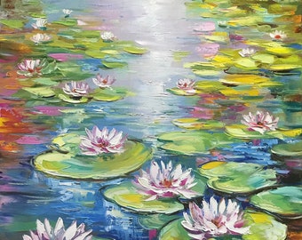 モネの睡蓮の池の絵画：インパストロータスアート、8x12 - Etsy 日本