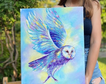 Peinture à l'huile hibou blanc : oeuvre d'art encadrée d'effraie des cloches pour chambre d'enfant