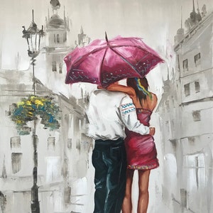 Pintura romántica sobre lienzo Pareja personalizada bajo un paraguas bajo la lluvia Pintura al óleo Original Dormitorio romántico Arte Pareja enamorada Obra de arte