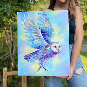Snowy Owl Oil Painting Original Bird Painting on Canvas Blue Owl Wall Art for Men Small Oil Painting Owl Art Original Bird Lover Gift