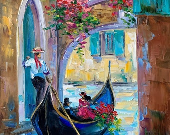 Venice Italy Oil Painting on Canvas Original European Wall Art Boat Decor for Home Blue Painting Italian Artwork Anniversary Gift for Wife