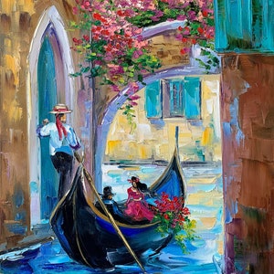 Venice Italy Oil Painting on Canvas Original European Wall Art Boat Decor for Home Blue Painting Italian Artwork Anniversary Gift for Wife