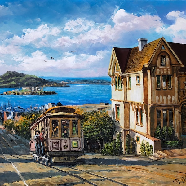 San Francisco Painting Original Cable Car Art California Painting Apartment Decor Train Painting Bay Area Wall Art Travel Oil Painting