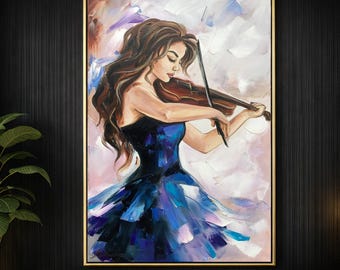 Girl Violinist Oil Painting Original: Abstract Female Musician Wall Art