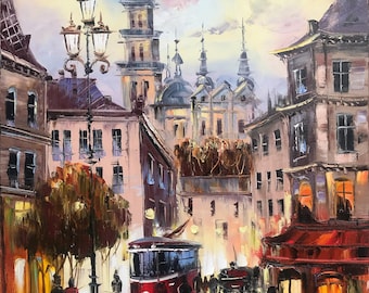 Classical Oil Painting Town, Lisbon Portugal, Europe Street Scene Art
