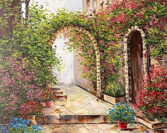 Tuscany Oil Painting Italy Canvas Wall Art Italy Landscape Painting Original Narrow Streets of Tuscany Wall Art Italian Village Artwork