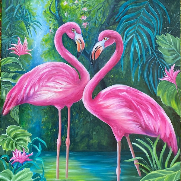 Pink Flamingo Painting on Canvas Tropical Animals in Rainforest Painting Flamingo in the Pond Wall Art Large Flamingo Oil Painting Original