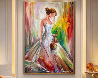Mujer tocando el violín (pintura al óleo): Dama elegante con vestido, arte abstracto sobre lienzo con temática musical.