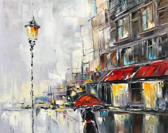 雨の夜、孤独な男の影 オリジナル水彩画 夜景 - Etsy 日本