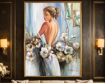 Sexy Frau mit Blumen Ölgemälde, Weibliche sinnliche Wandkunst auf Leinwand