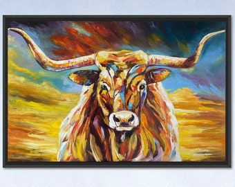 Bull Head Oil Painting Original, Abstract Longhorn Wall Art