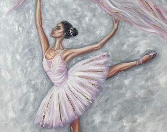 May include: A ballerina in a pink tutu with gold accents is dancing with a flowing pink and gold fabric. The background is a light gray.