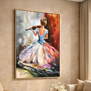 Woman Playing Violin Oil Painting: Lady in Pink Dress, Large Abstract Music Canvas Art image 2