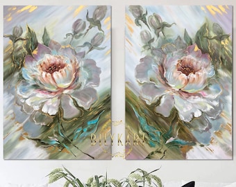 花の油絵セット：ピンクとグレーの抽象的な花の壁飾り - Etsy 日本